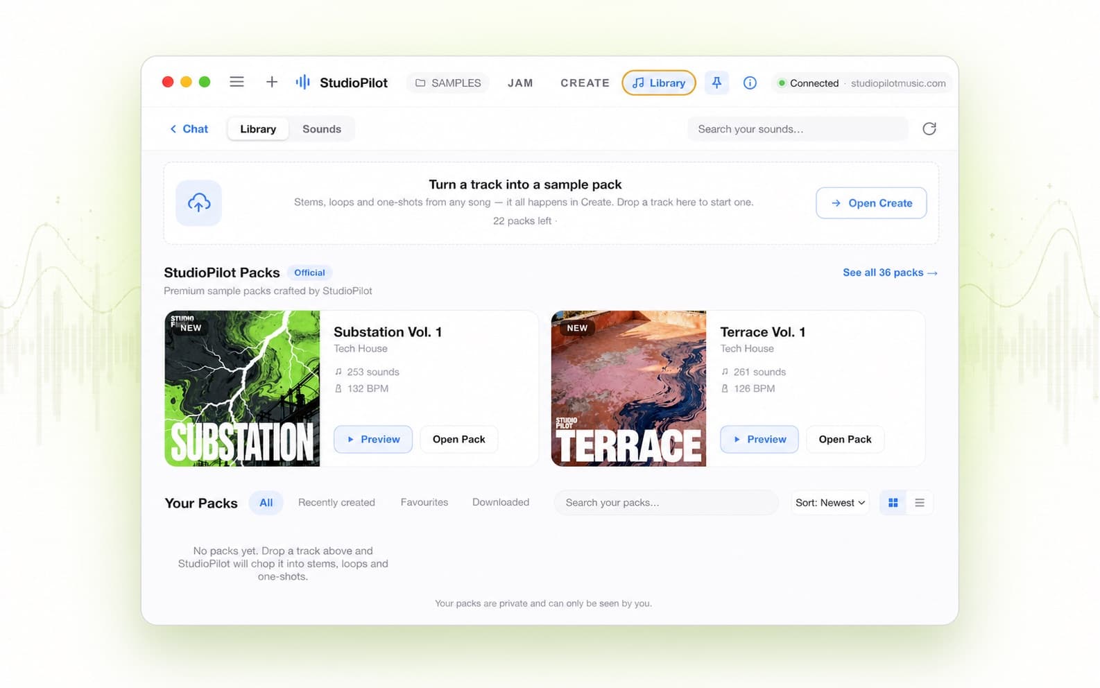 The StudioPilot sample library inside the app, showing official packs with sound counts and BPM, and the tool that builds a pack from any track