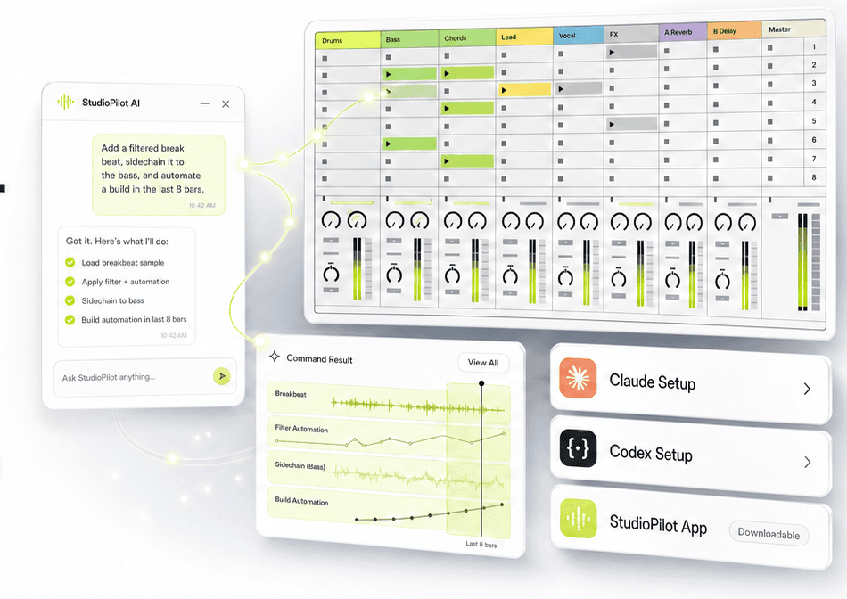 StudioPilot product visual showing an AI assistant controlling an Ableton Live session